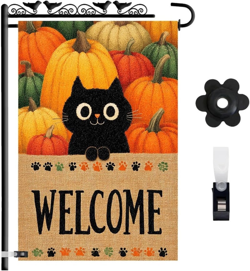 KarvePro Welcome Halloween Garden Flag – Black Cat Pumpkin Patch Welcome Flag, 12x18 Double Sided Burlap Halloween Yard Flag for Outside, Seasonal Fall Outdoor Decoration, Weatherproof - Image 1